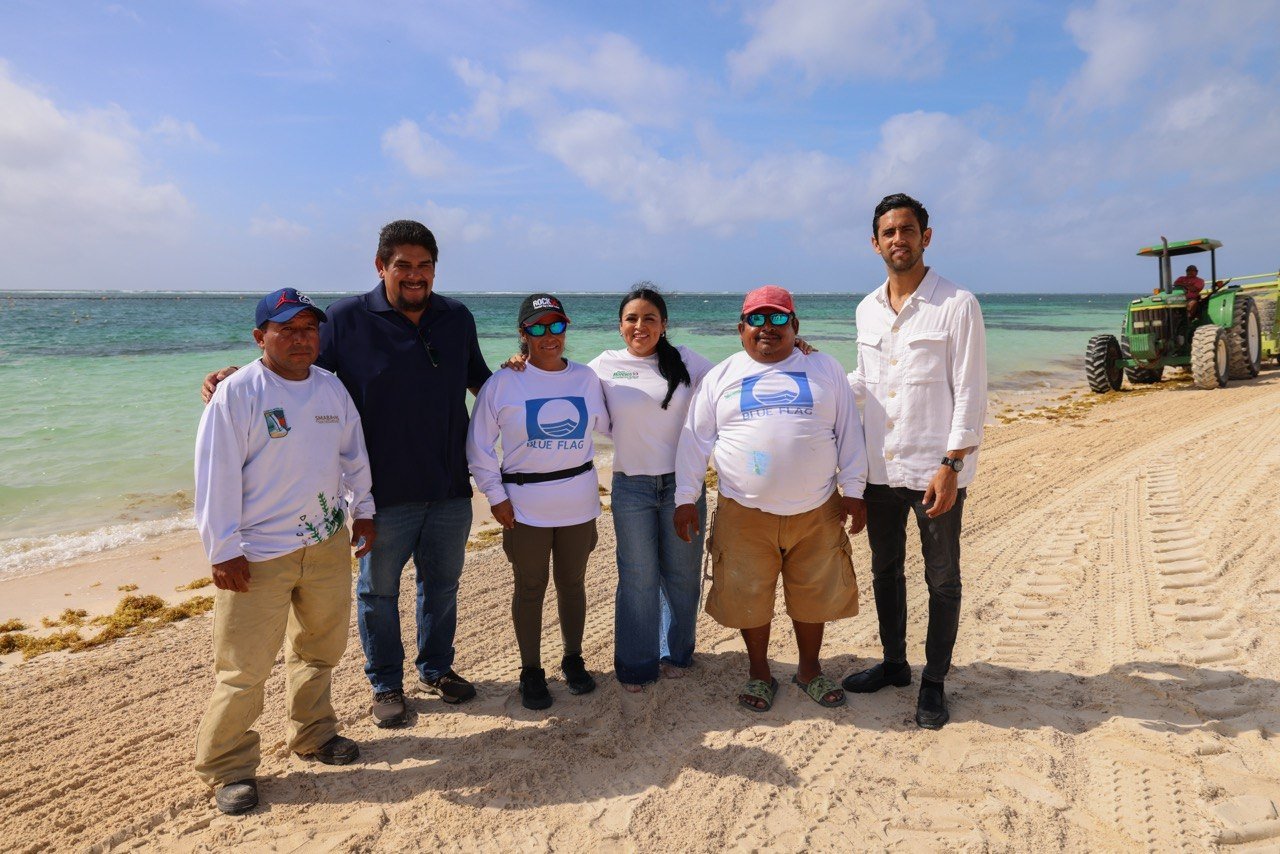 Workers removing sargassum from a beach in Puerto Morelos, Quintana Roo