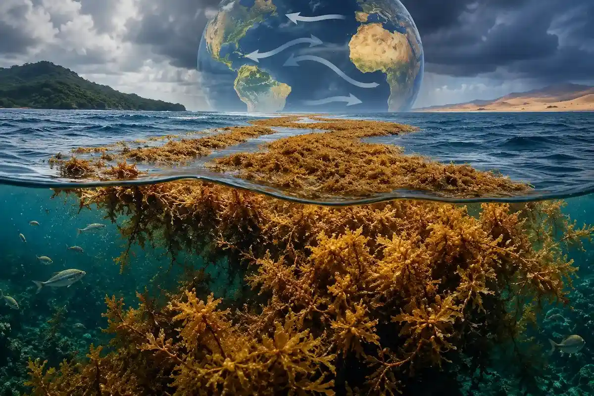 Large amounts of sargassum seaweed piled up on a sandy Caribbean beach with turquoise water in the background