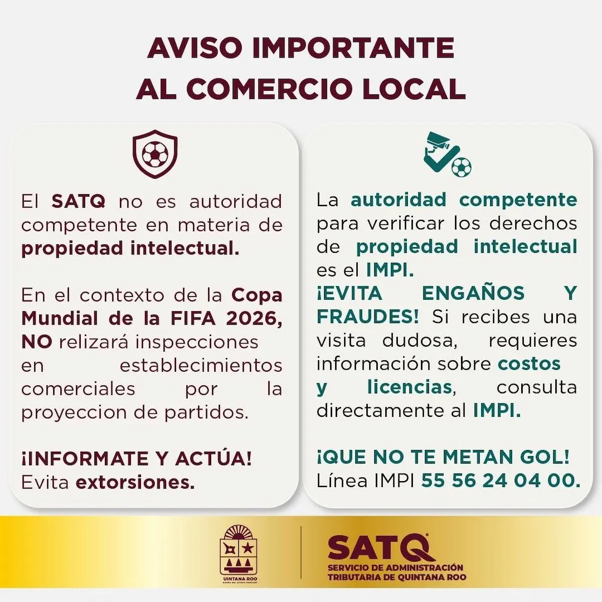 SATQ logo with World Cup 2026 fraud alert for businesses in Quintana Roo