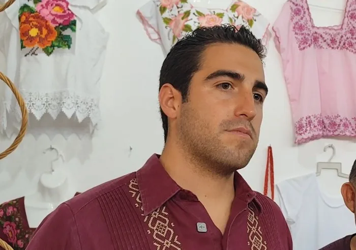 Senator Eugenio Segura speaking during an interview in Jose Maria Morelos, Quintana Roo