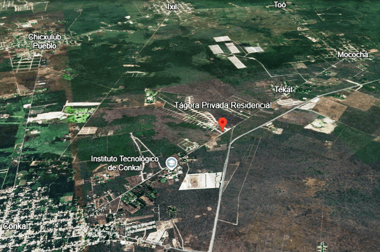 Satellite image showing the Tagora residential development in Conkal, Yucatán, with completed infrastructure.