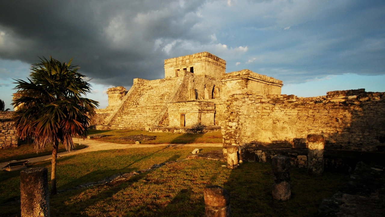 Aerial view of the Tulum archaeological site on the coast of Quintana Roo, Mexico