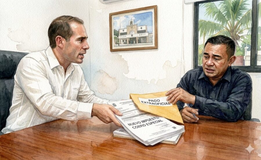 Walter Balam, a restaurant owner in Tulum, holds documents showing what he says are inflated tax bills from the municipal government.
