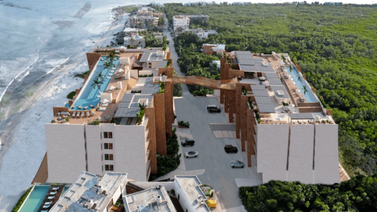 Aerial view of Tulum's coastline with vacation rental properties and hotels