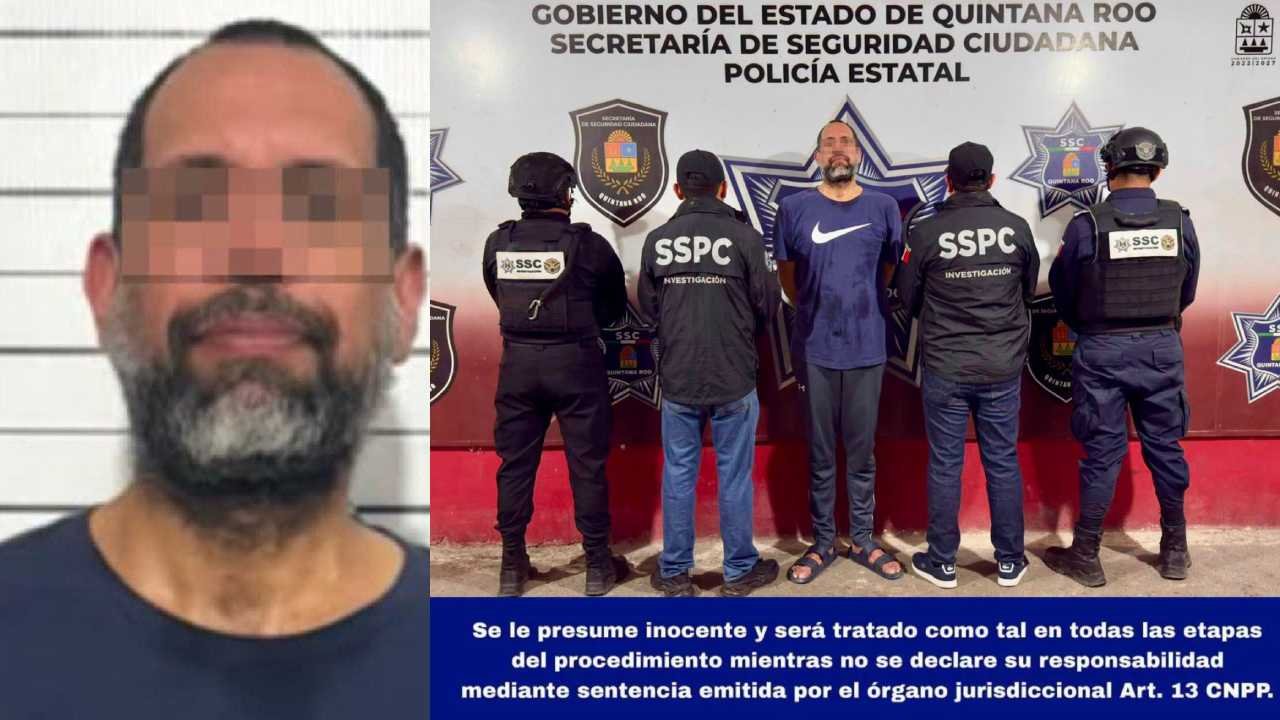 Police officers escorting a handcuffed man in Tulum