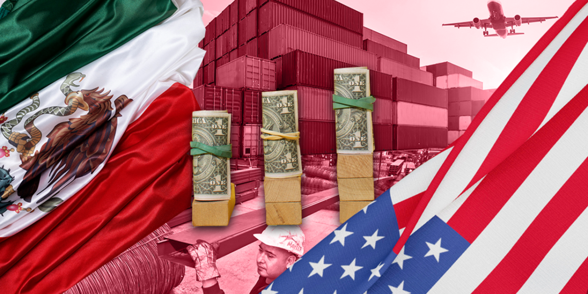 A photo illustration showing US and Mexican flags with trade documents and a gavel, representing tariff negotiations.
