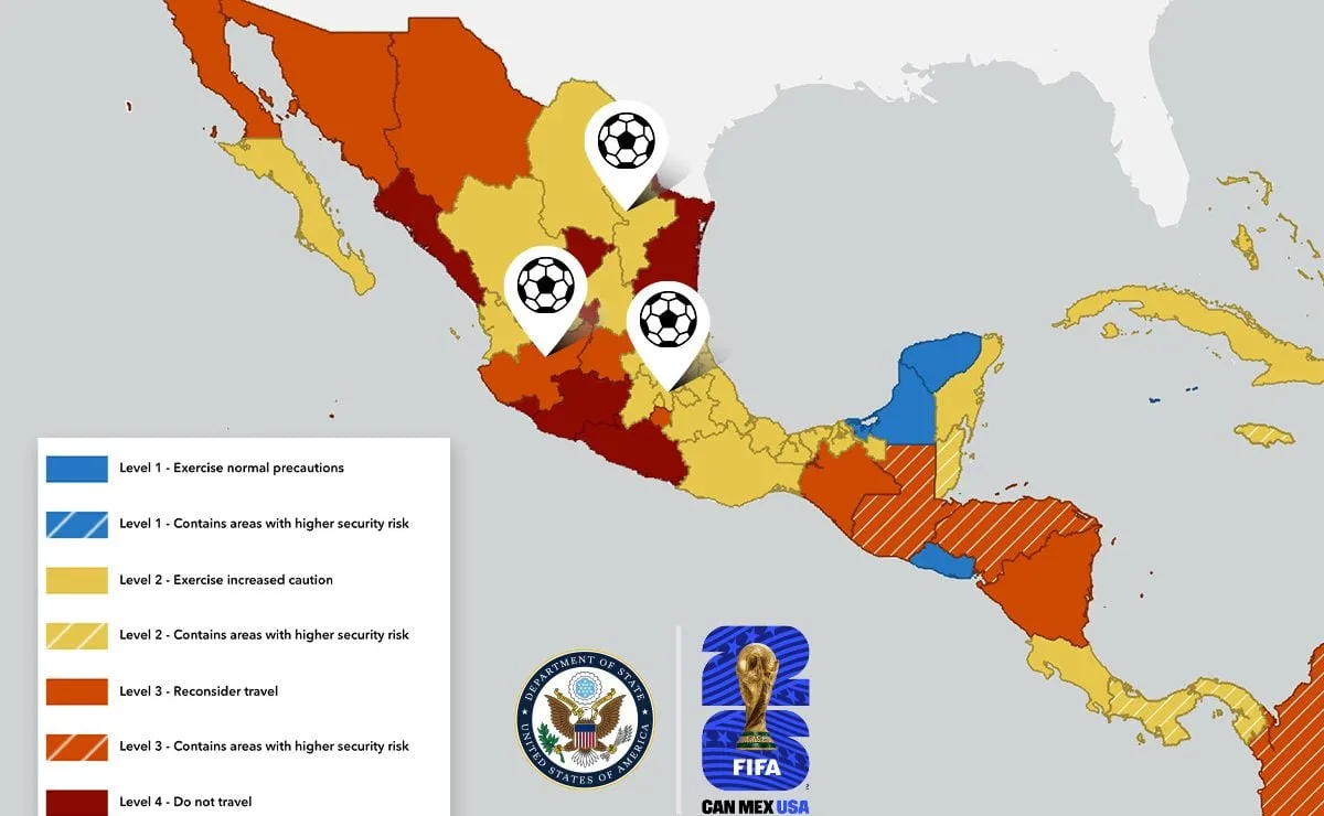 Map of Mexico showing US State Department travel advisory levels for each state