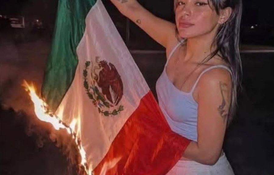 Screenshot from a viral video showing a woman allegedly burning a Mexican flag in Cancun