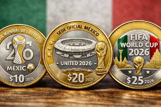 Four commemorative 20-peso coins from Mexico featuring World Cup designs: Angel of Independence, La Minerva, Cerro de la Silla, and a jaguar with monarch butterflies.