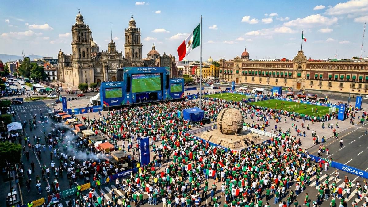 A rendering of the Fan Fest venue at the Zocalo in Mexico City, with a large screen and crowd