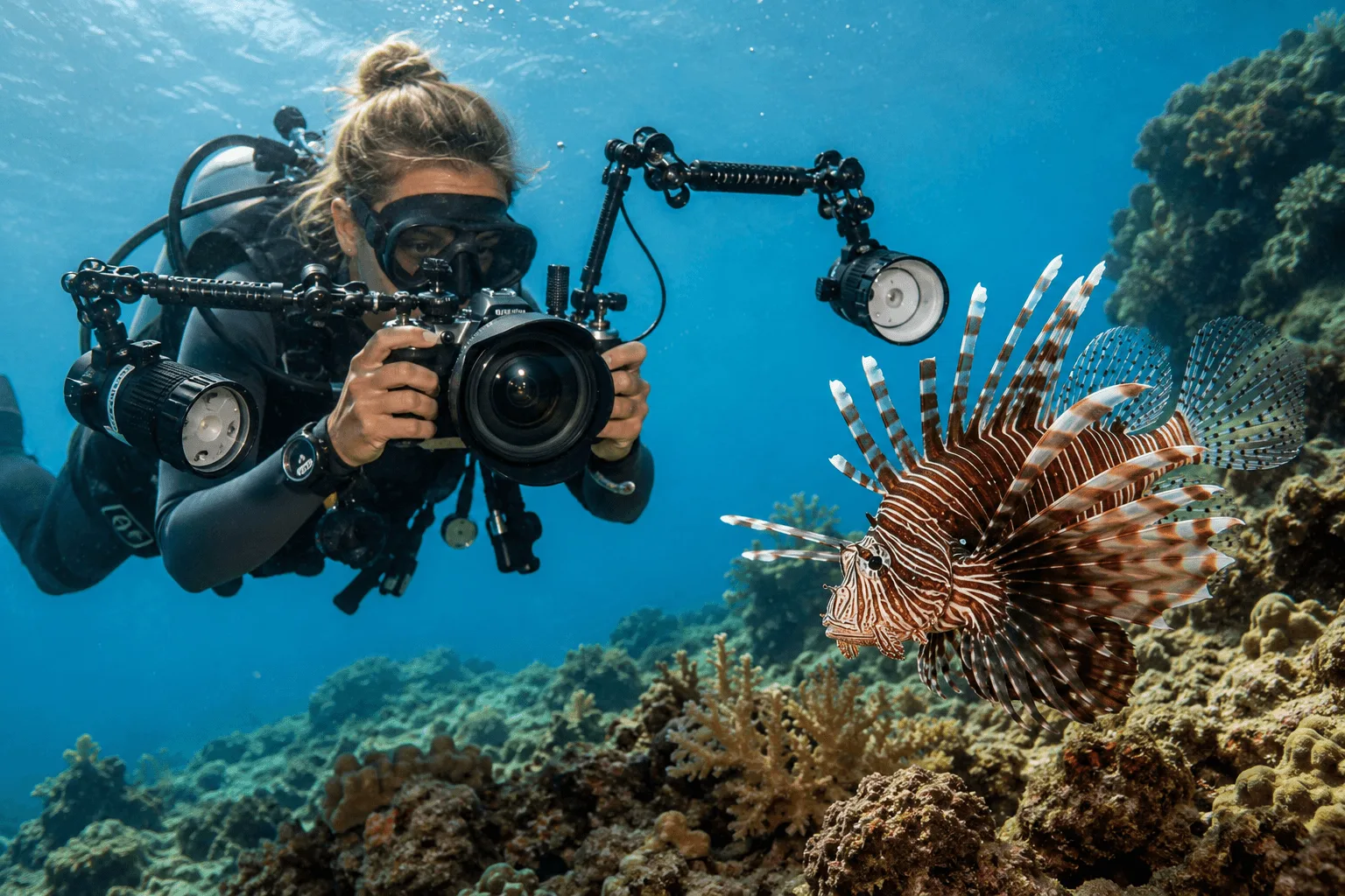 Scuba Diver with professional camera lion fish