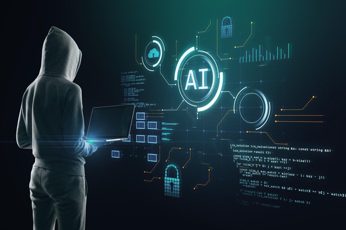 Digital illustration of a face made of binary code and circuit patterns, representing AI identity fraud and cybersecurity threats.