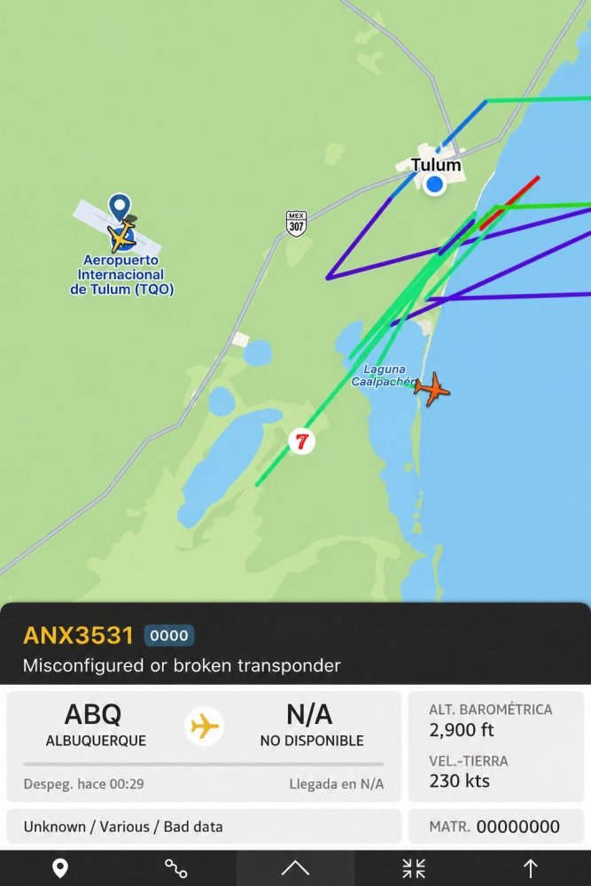 Screenshot of flight tracking app showing a track labeled ANX3531 with no registration off the coast of Tulum