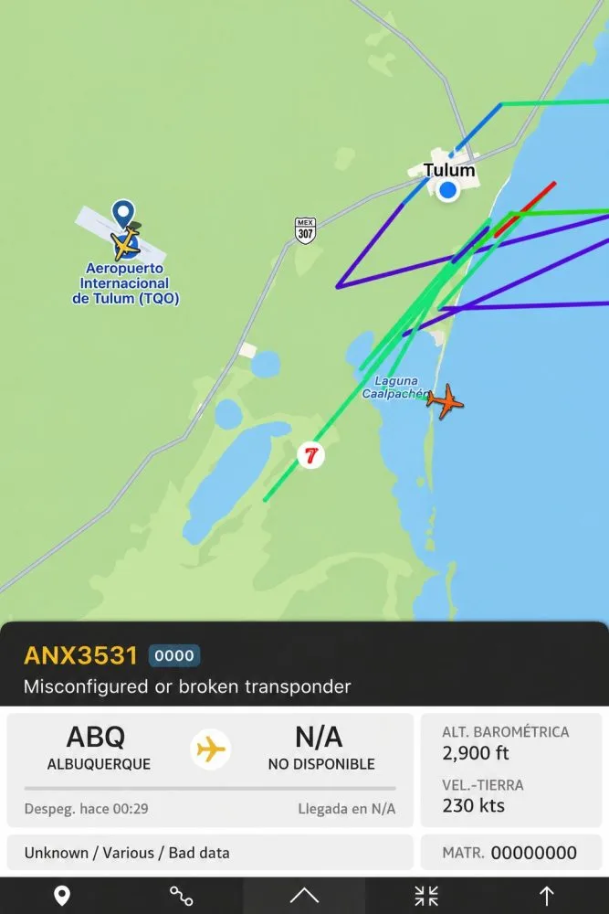 Screenshot of flight tracking app showing a track labeled ANX3531 with no registration off the coast of Tulum
