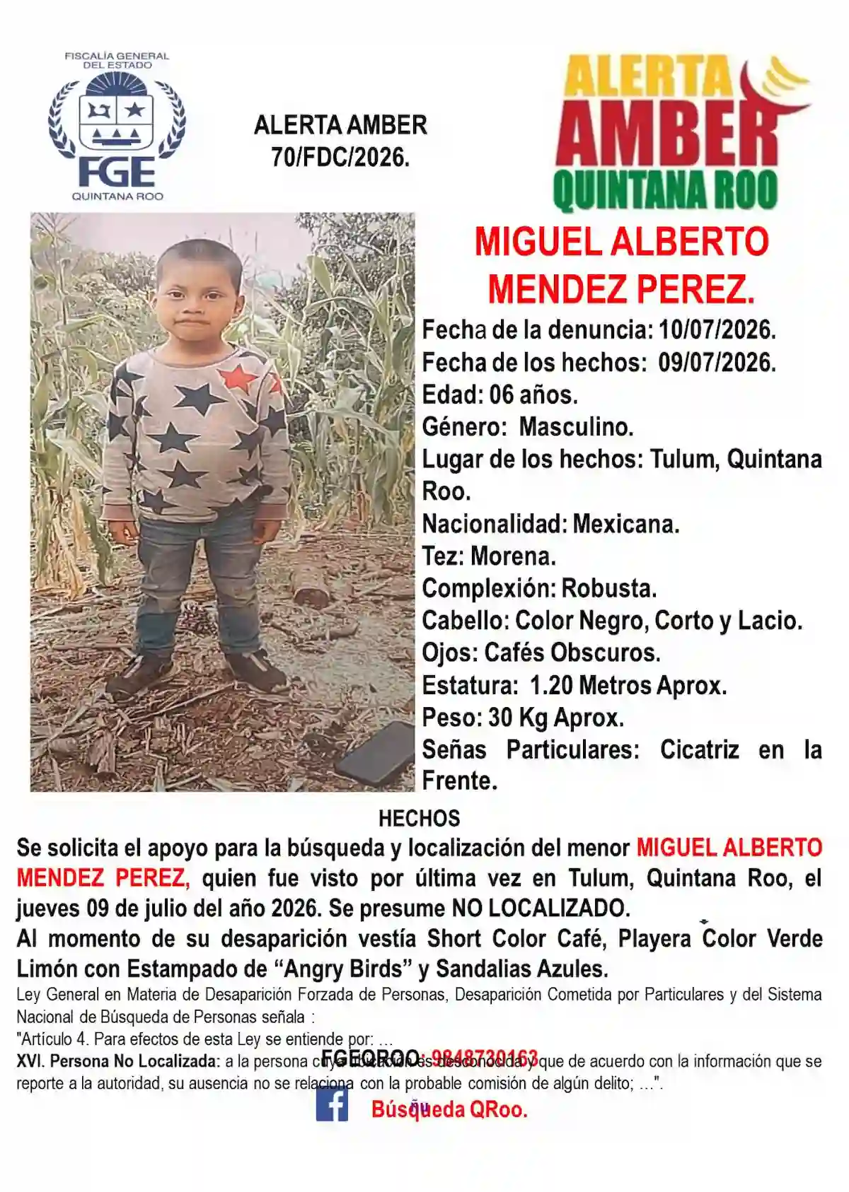 Amber Alert poster for missing 6-year-old Miguel Alberto Méndez Pérez in Tulum, Quintana Roo