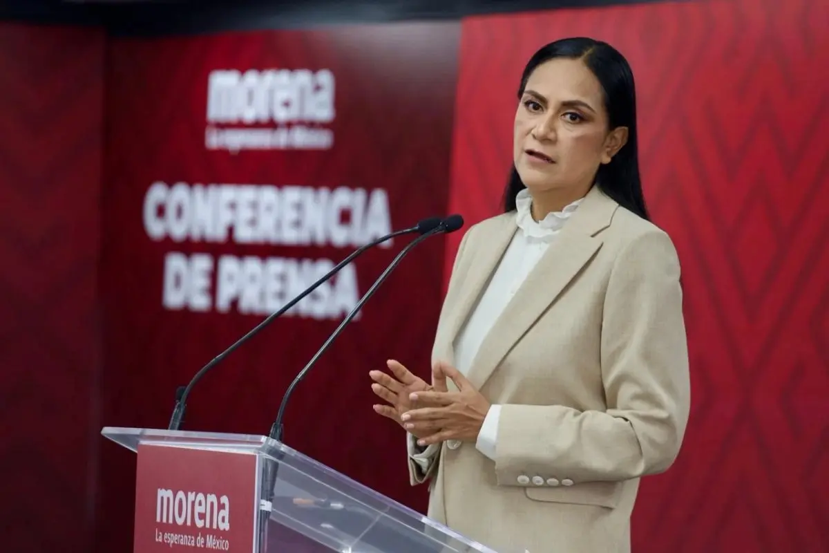 Ariadna Montiel Reyes, national president of Morena, speaking at a press conference in Mexico City