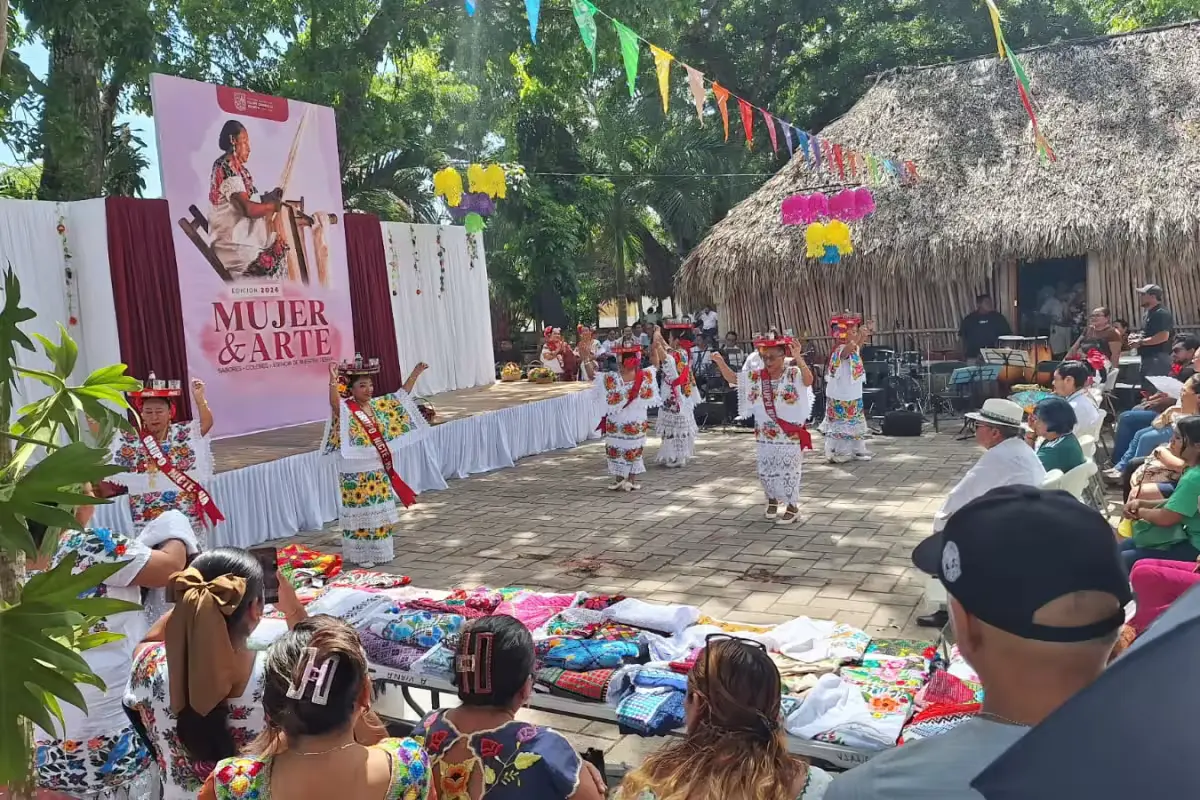 Artisans displaying embroidered textiles and hammocks at Expo-Maya in Felipe Carrillo Puerto