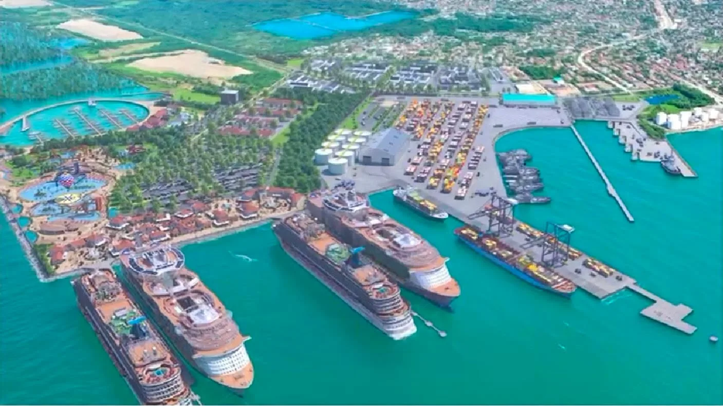 Aerial view of a large cruise ship docked at a port in Belize