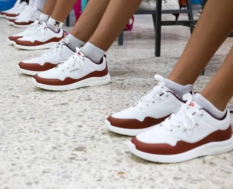 Piles of new school sneakers ready for distribution in Benito Juárez