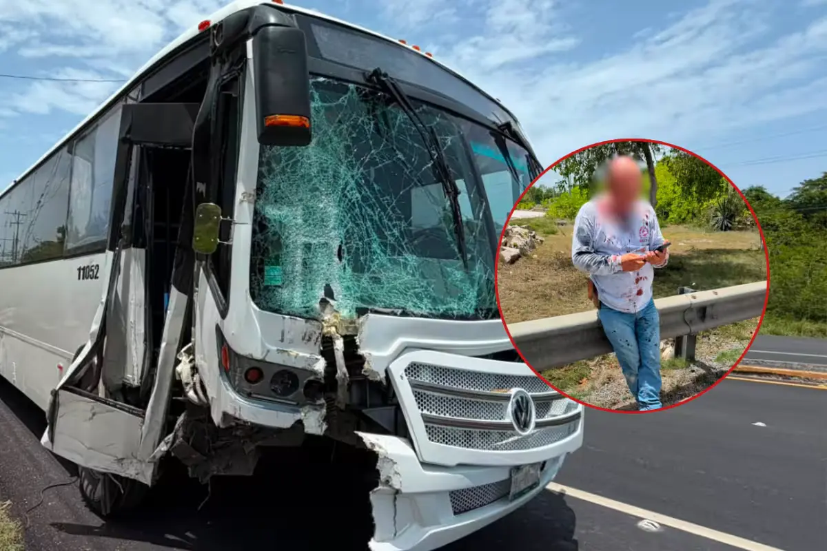 A damaged white pickup truck on the side of a highway after a collision with a bus