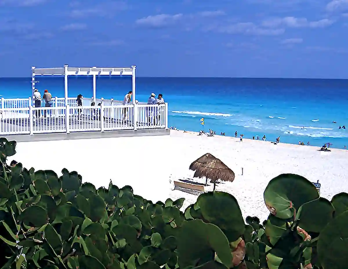 An aerial view of Cancun's hotel zone and turquoise Caribbean waters