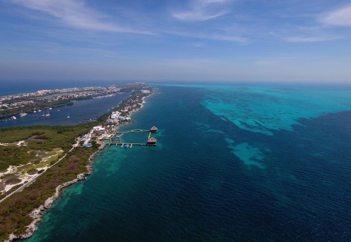 Aerial view of the Cancun-Isla Mujeres Marine Park showing turquoise waters and coral reefs