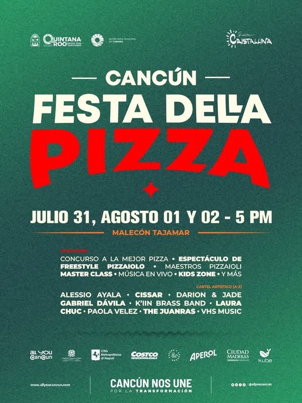People enjoying pizza at a festival in Cancun's Malecón Tajamar