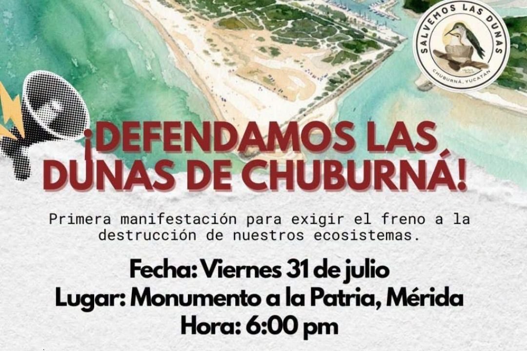 People holding signs at a protest to protect the Chuburna dunes in Merida, Yucatan