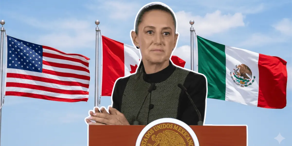Mexican President Claudia Sheinbaum speaking at a press conference about the USMCA trade agreement