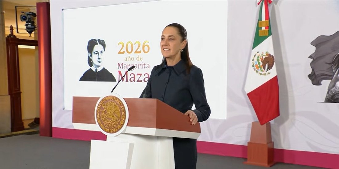Mexican President Claudia Sheinbaum speaking at a press conference in Mexico City