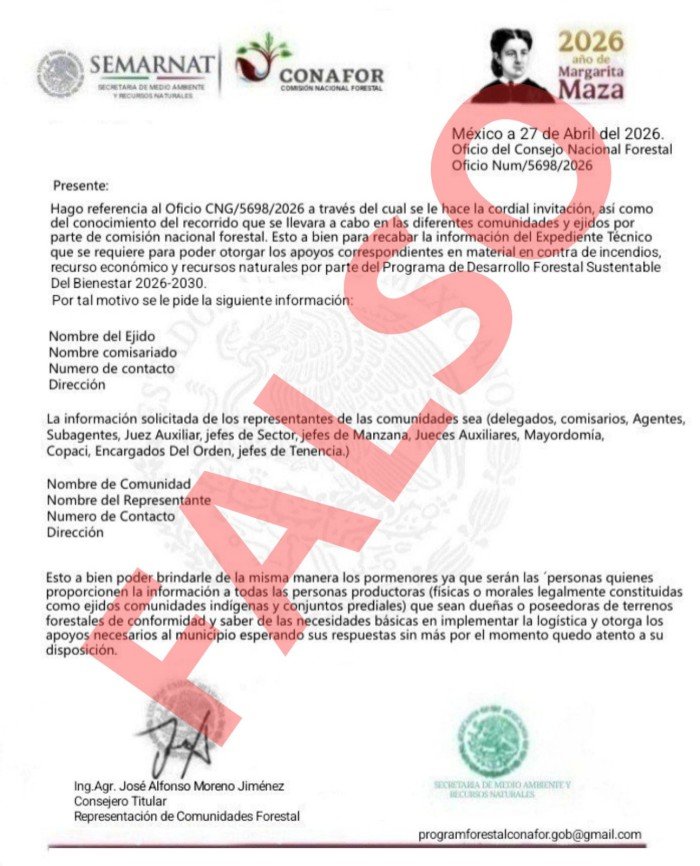 Fake official document purporting to be from the National Forest Council, with government logos, used in a fraud scheme against ejidos in Quintana Roo.