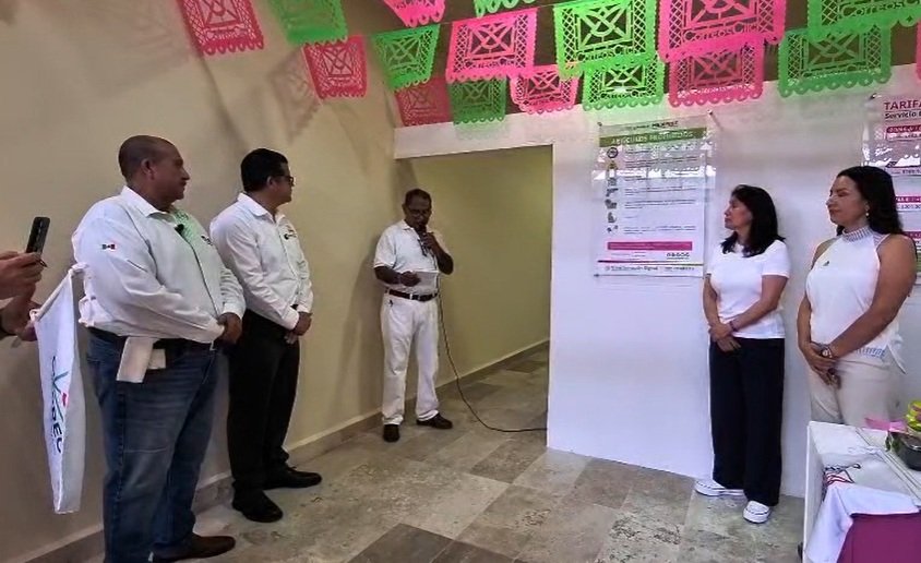 Exterior view of the Correos de Mexico office inside the Maya Train station in Playa del Carmen