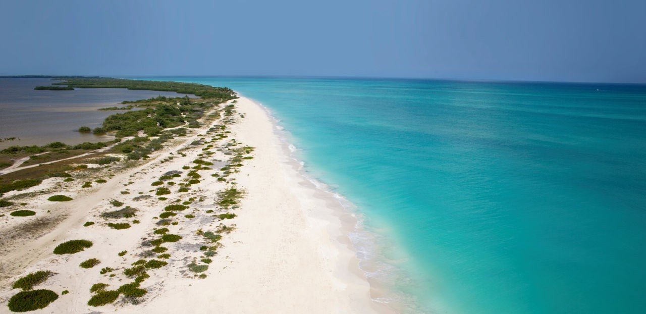 Aerial view of Costa Mujeres development area with hotels and vacant lots