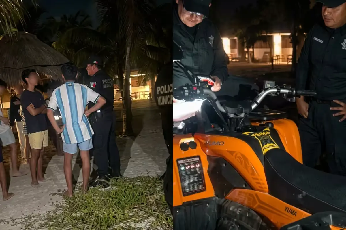 Four young people standing next to police officers in Chicxulub Puerto after being accused of throwing eggs at houses