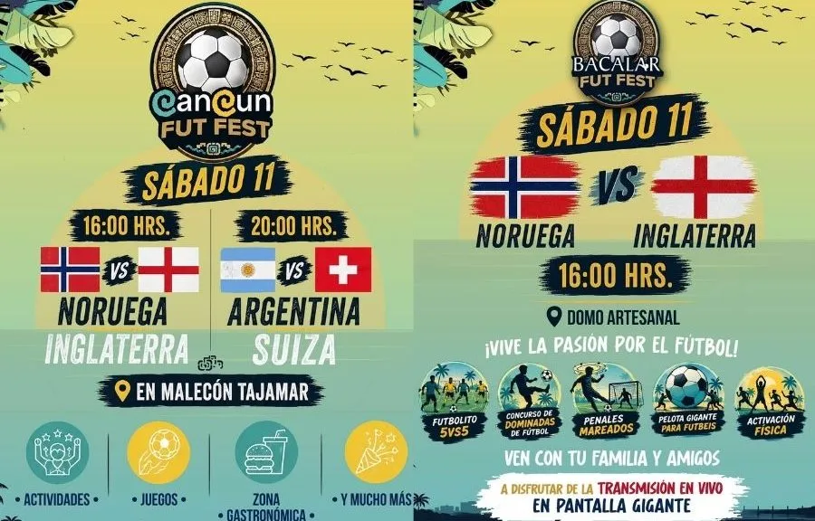 Crowd watching a World Cup match on a giant screen at Fut Fest in Cancun