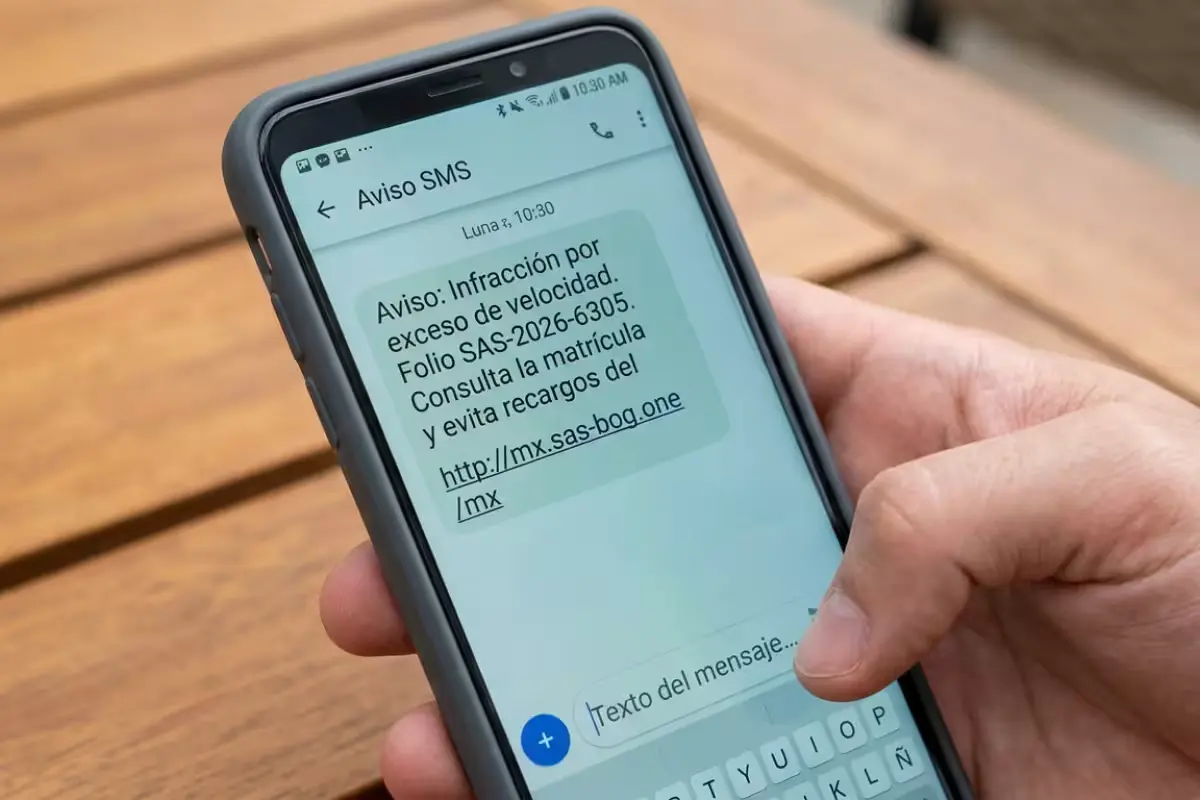 Screenshot of a smartphone showing a fraudulent SMS message about a traffic fine
