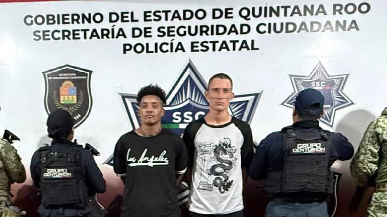 Two suspects in police custody with seized drugs and a firearm on Holbox Island