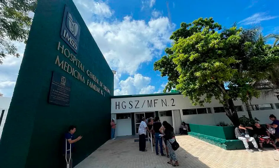 Exterior of an IMSS hospital building with the IMSS logo