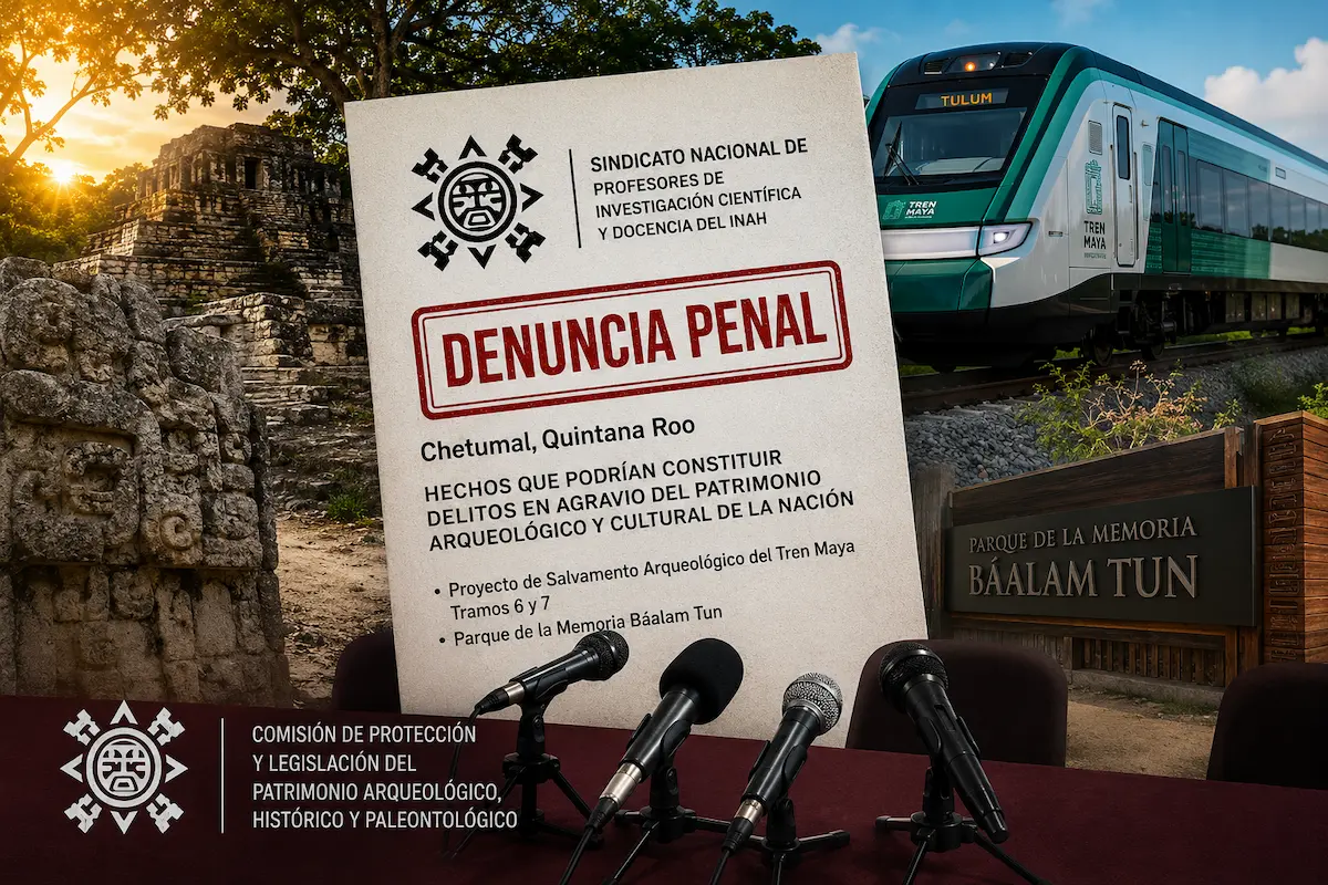 INAH union members at a press conference discussing the criminal complaint over Maya Train archaeological damage