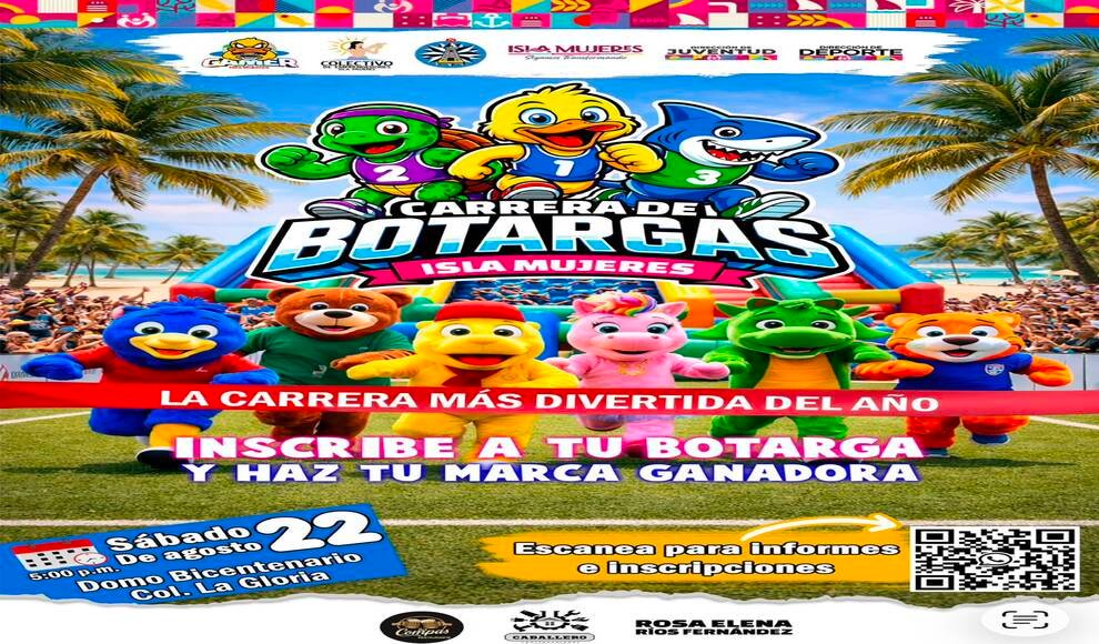 Colorful mascot costumes gather for a race event in Isla Mujeres