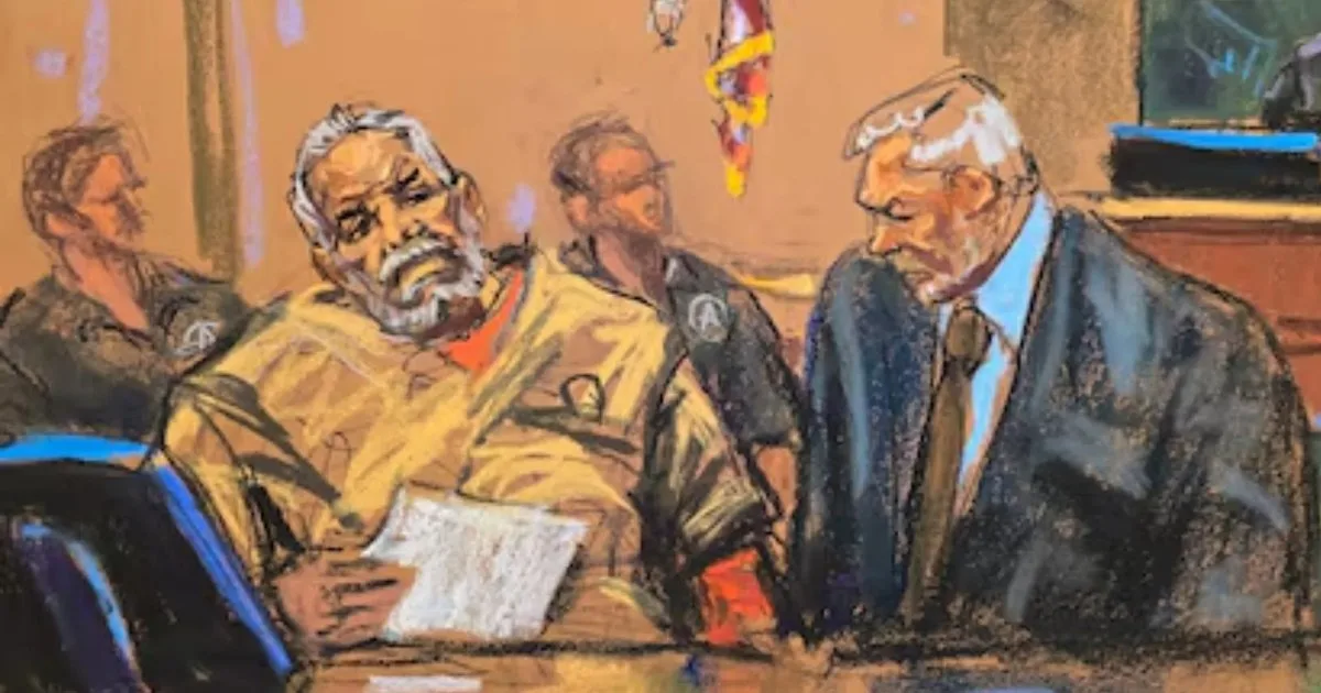 Courtroom sketch of Ismael 'El Mayo' Zambada during a hearing, wearing a gray suit and appearing in handcuffs.