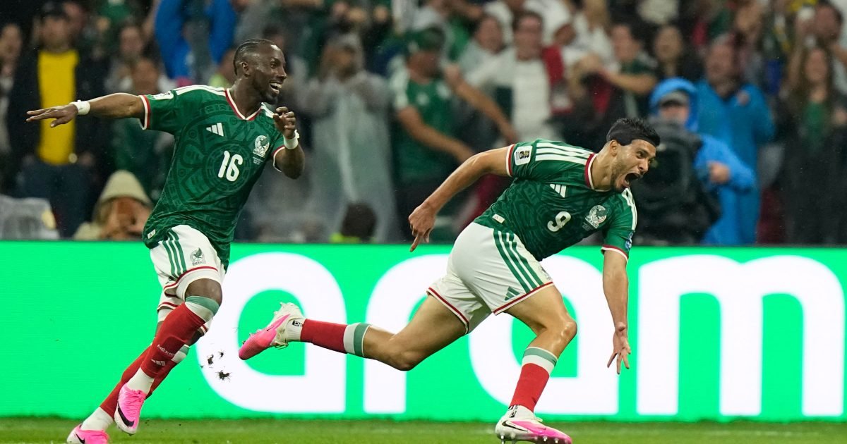 Julián Quiñones and Raúl Jiménez celebrate after Mexico's 2-0 win over Ecuador in the 2026 World Cup