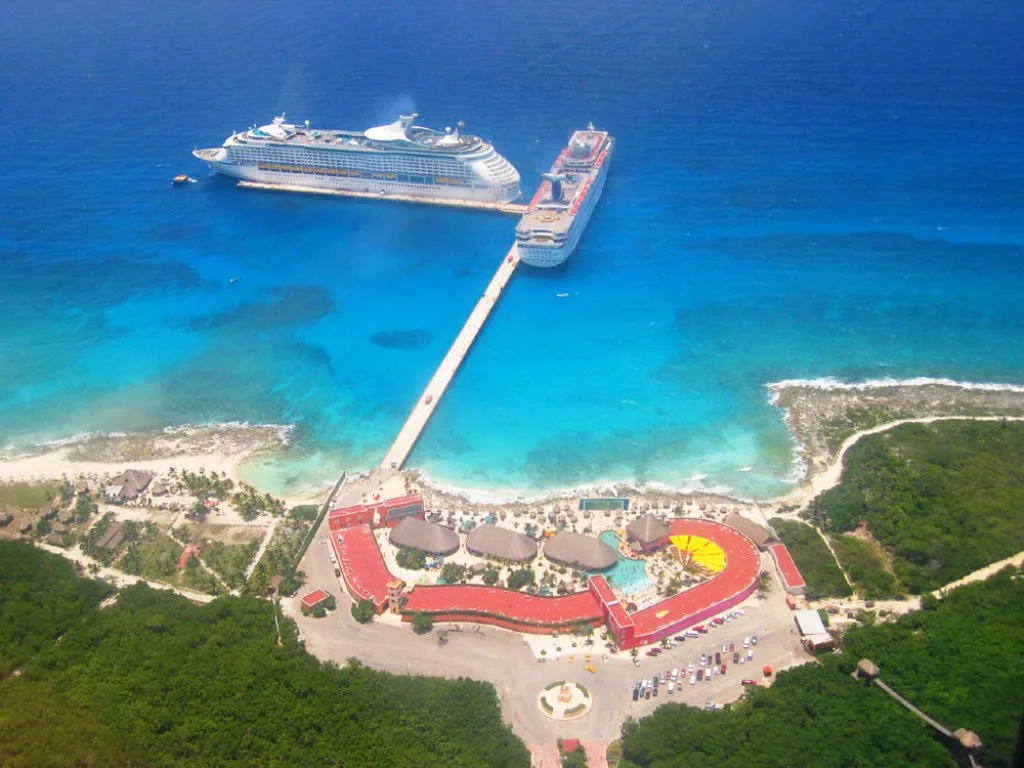 Cruise ship docked at the Mahahual pier in Costa Maya, Quintana Roo