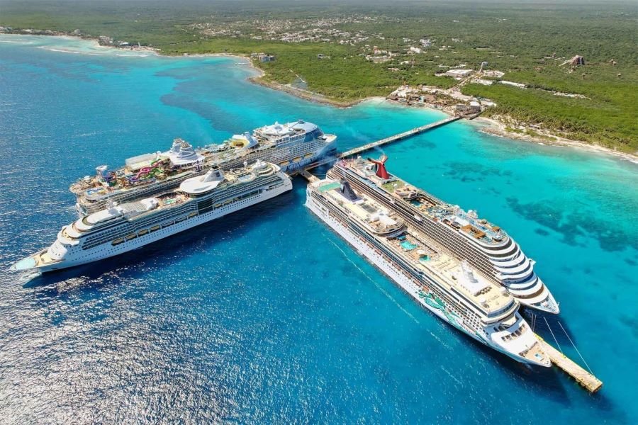 A cruise ship docked at the port of Mahahual, Quintana Roo