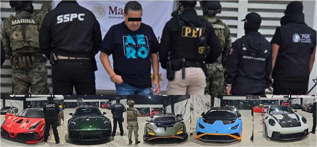 Mexican Navy officers stand next to seized luxury vehicles and assets during an operation in Merida, Yucatan.