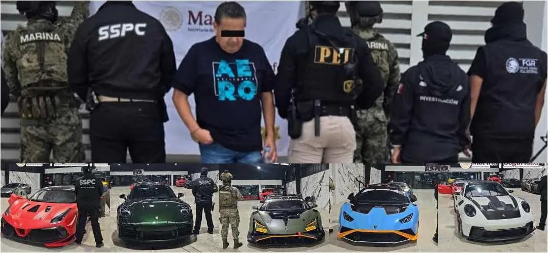 Mexican Navy officers stand next to seized luxury vehicles and assets during an operation in Merida, Yucatan.