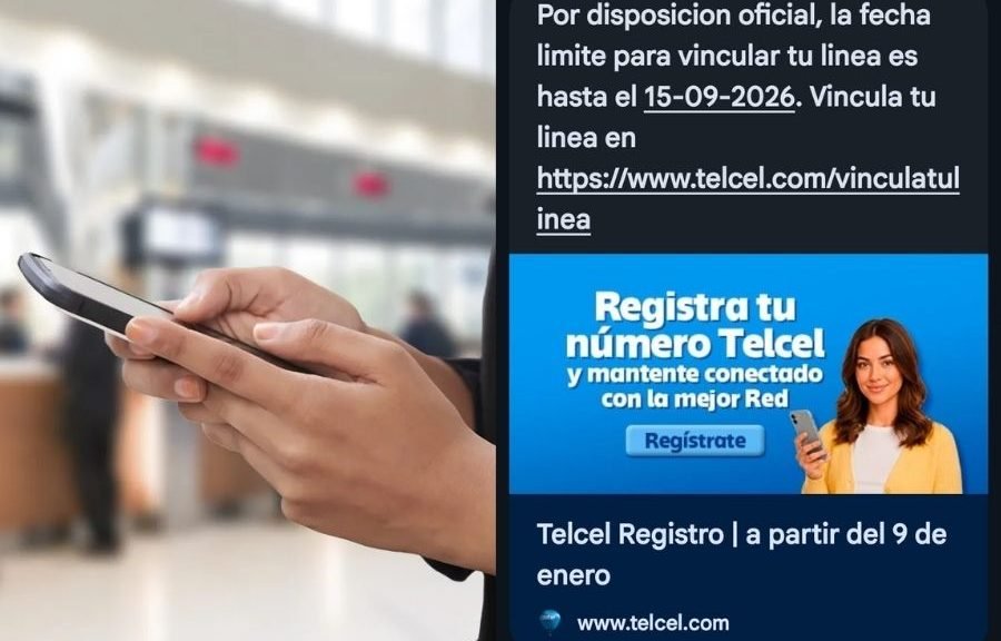 A person holding a smartphone displaying a phishing SMS message about cellphone registration in Mexico