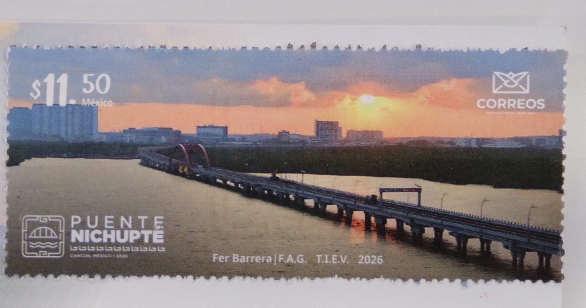 Commemorative postage stamp featuring the Nichupté Bridge in Cancún, Mexico