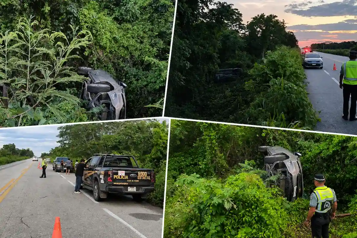 A gray Chevrolet overturned among vegetation on the side of the Tizimín-Mérida highway in Sucilá, Yucatán.