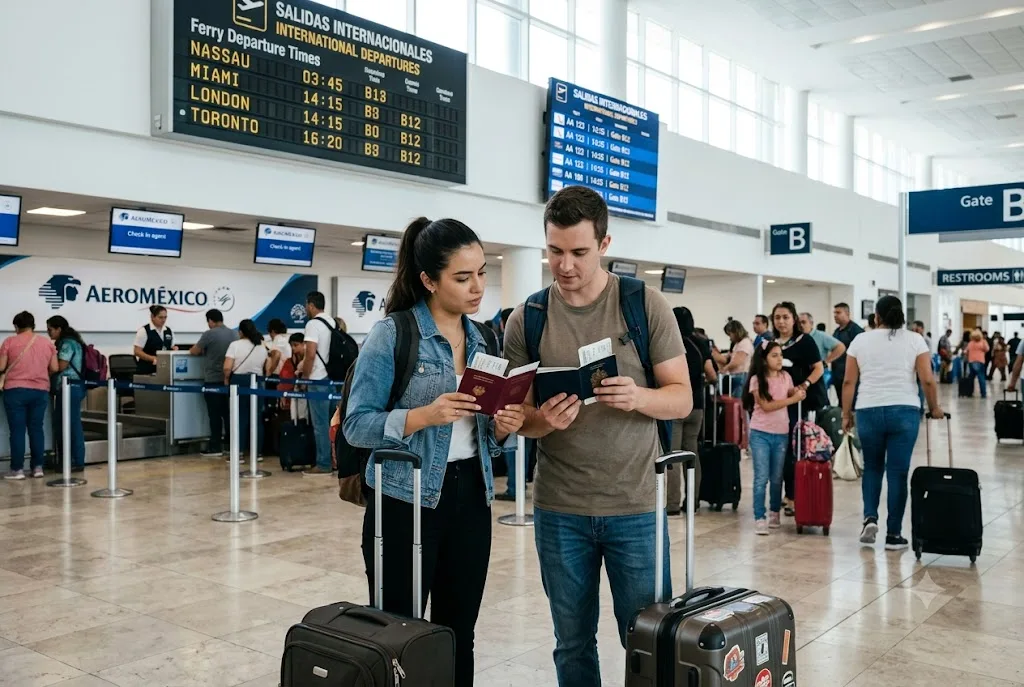 A passport and a plane ticket on a beach background